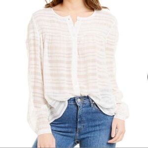 FRAME Sheer Tonal Stripe Long Sleeve Smocked Top in Offwhite